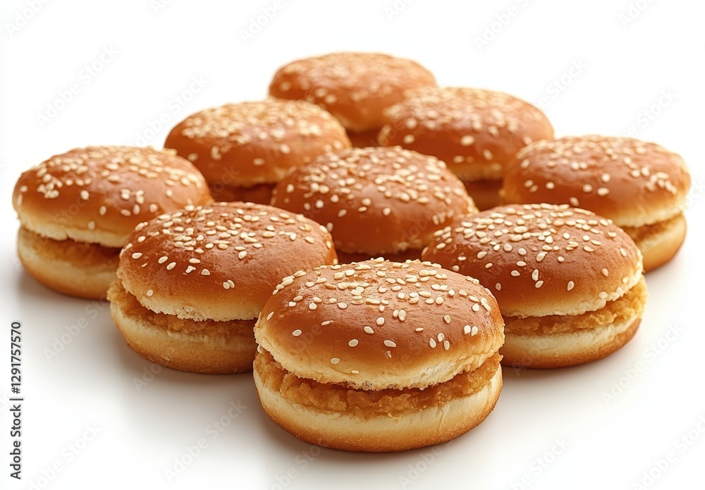 A Stack of Freshly Baked Sesame Seed Buns Ideal for Burgers, Sandwiches, or Culinary Creations on a Bright White Background A Stack of Freshly Baked Sesame Seed Buns Ideal for Burgers, Sandwiches, or Culinary Creations on a Bright White Background