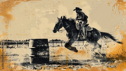 Dynamic Barrel Racing Action with Cowboy Riding a Galloping Horse in a Dusty Arena