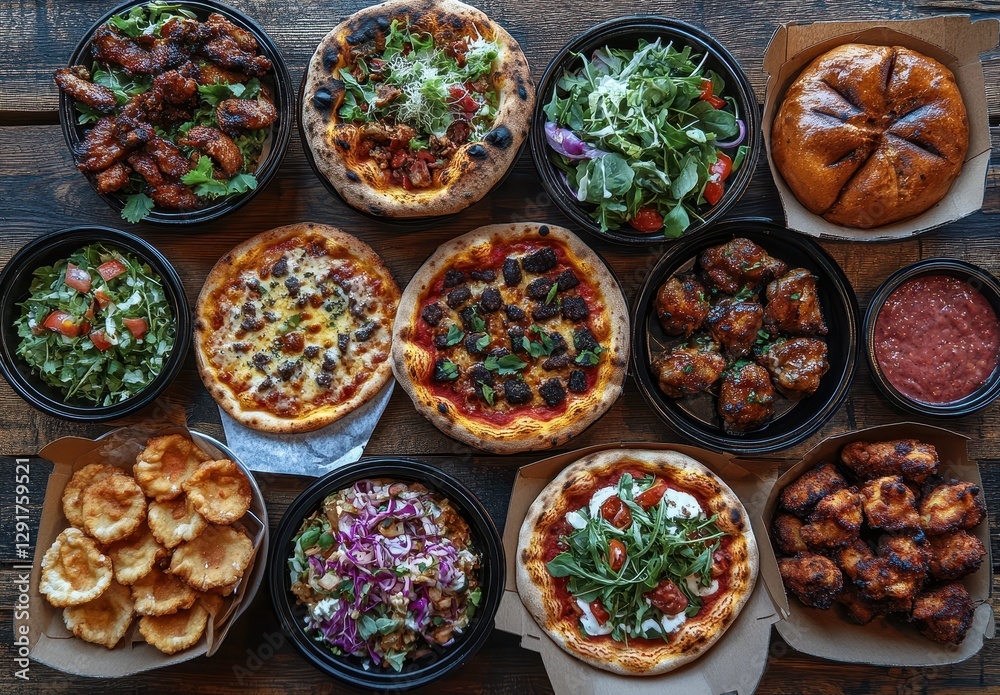A Vibrant Spread of Diverse Dishes Featuring Pizzas, Salads, Chicken Wings, and Appetizers on a Rustic Wooden Table A Vibrant Spread of Diverse Dishes Featuring Pizzas, Salads, Chicken Wings, and Appetizers on a Rustic Wooden Table