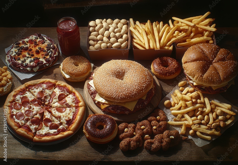 Fototapeta premium An Array of Delicious Fast Food Items Including Burgers, Pizza, Fries, Donuts, and Snacks Perfect for a Scrumptious Feast or Gathering