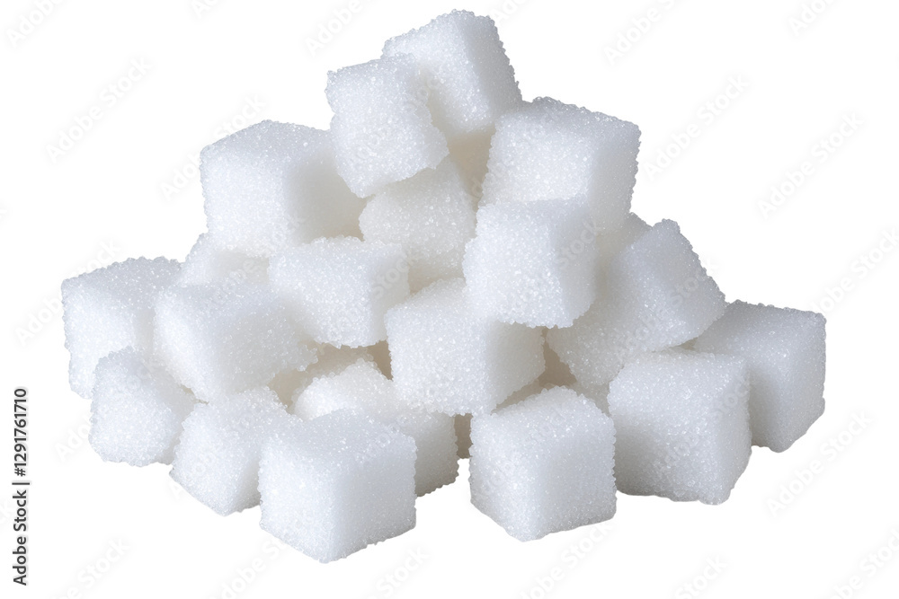 Pile of white sugar cubes stacked together, cut out