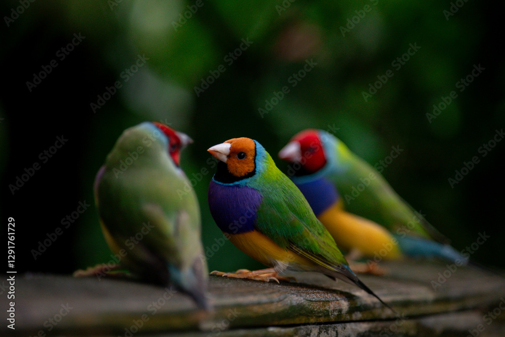 Beautiful colorful Gould-amandina (Gouldian finch) birds in the nature Beautiful colorful Gould-amandina (Gouldian finch) birds in the nature