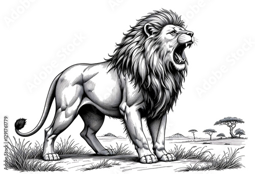 A amazing Majestic Roaring Lion Detailed Black and White Ink Illustration art