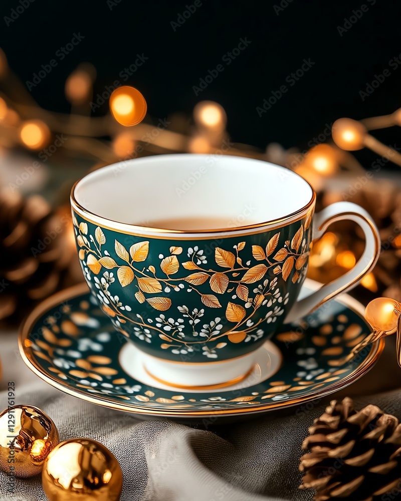 Fototapeta premium Elegant cup with decorated saucer and coffee in a classic style Elegant coffee cup with decorated saucer and rich coffee Elegant tea cup with decorated saucer and hot coffee beverage