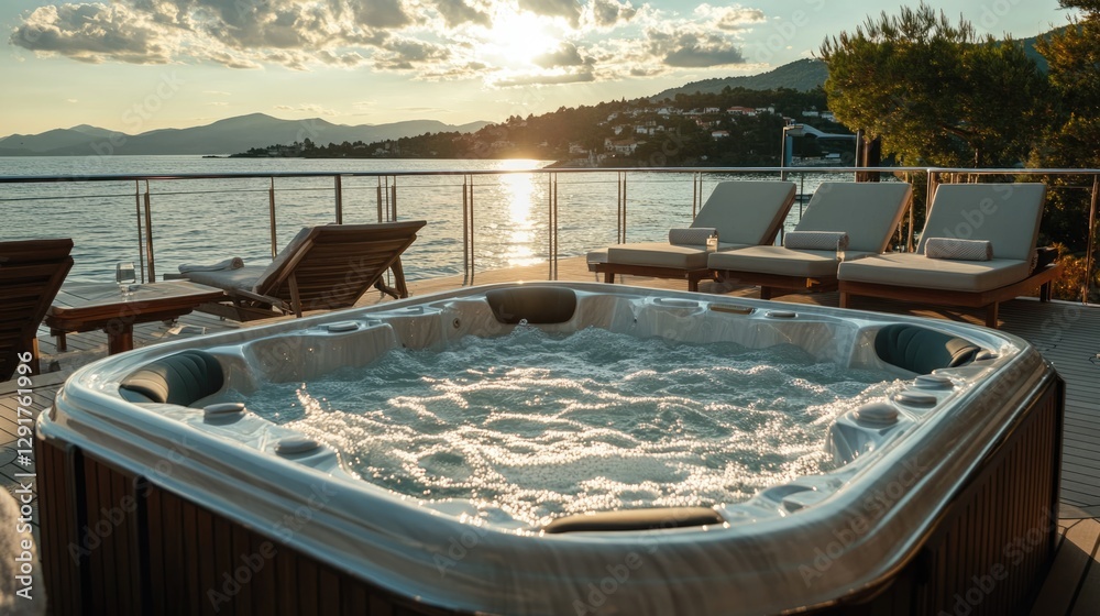 Sunset Hot Tub Relaxation on a Deck Overlooking the Sea Sunset Hot Tub Relaxation on a Deck Overlooking the Sea