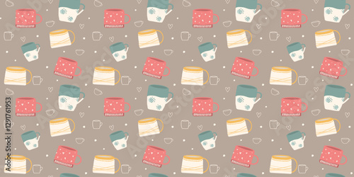 Seamless pattern with cozy ceramic mugs in pastel tones. Cute coffee and tea cup design for fabric, wallpaper, and wrapping paper.