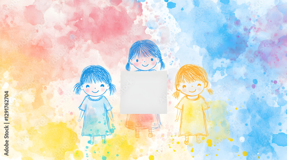 un fondo pintado de acuarela colorido con niños sonrientes y felices para celebrar el dia del niño con una hoja en blanco con espacio de copia un fondo pintado de acuarela colorido con niños sonrientes y felices para celebrar el dia del niño con una hoja en blanco con espacio de copia