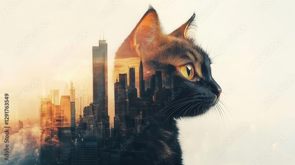 Fototapeta premium Cat silhouette, skyscrapers and icy landscape, double exposure, winter cityscape, cold tones