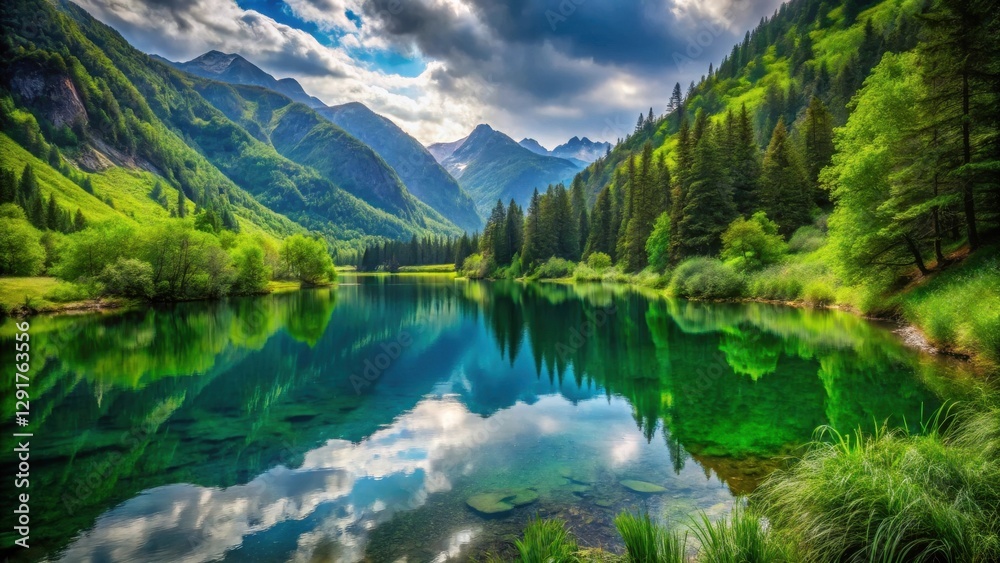 Serene Mountain Lake Reflecting Lush Greenery and Cloudy Sky in a Picturesque Nature Scene Serene Mountain Lake Reflecting Lush Greenery and Cloudy Sky in a Picturesque Nature Scene