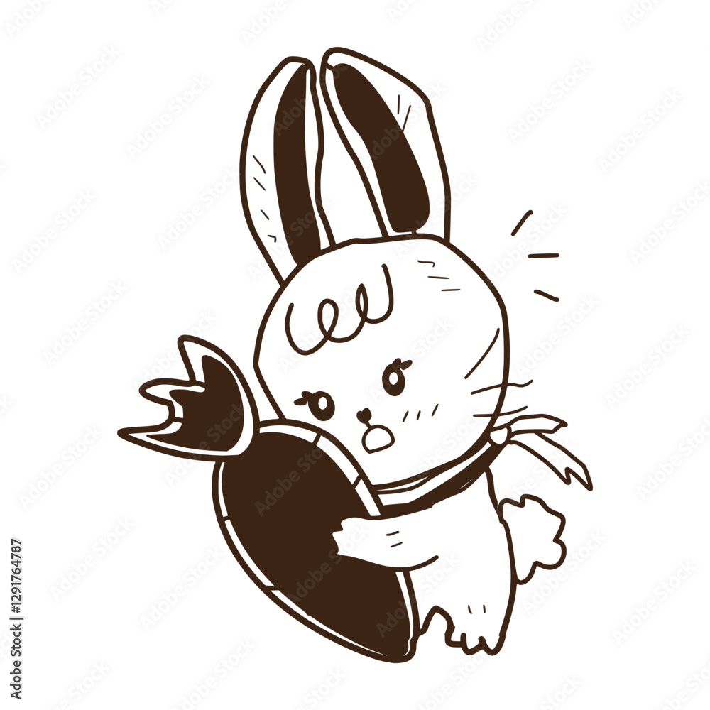 hand drawn cute little rabbit character poses, Happy easter congratulation and floral decorative elements isolated on white background, bunny sketch. Sketched rabbit or hare retro etch, antique engrav