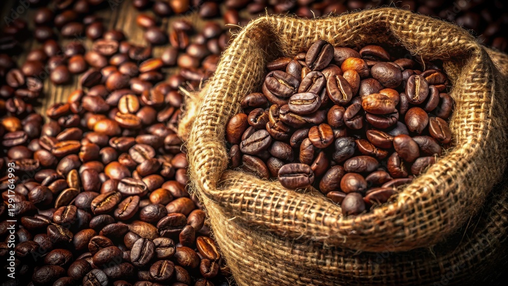 Fototapeta premium A burlap sack brimming with aromatic, dark roasted coffee beans, nestled amongst a generous scattering of similar beans, creating a rich and inviting visual display of coffee's essence.