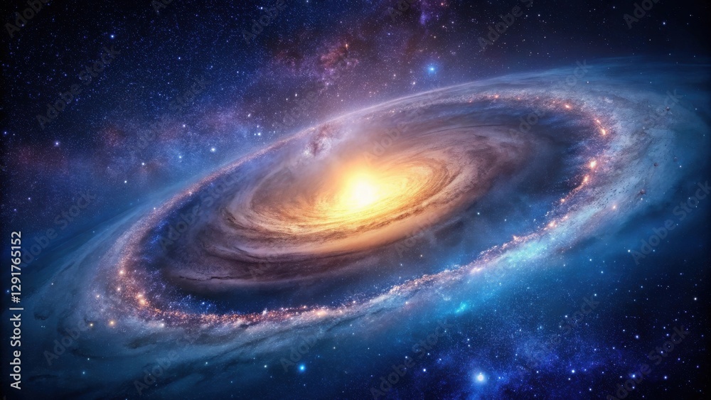 Obraz premium A breathtaking view of a spiral galaxy's majestic core, showcasing vibrant hues of blue, purple, and gold, interspersed with countless stars and cosmic dust.