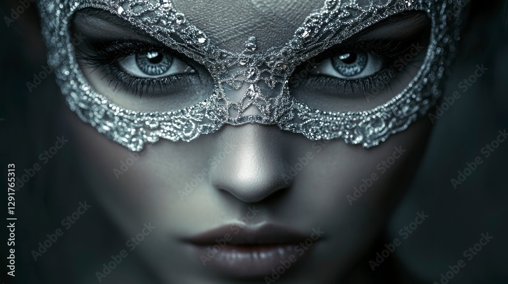 A close-up of the mysterious woman's face, wearing an elegant lace mask with sparkling diamonds on her eyes and lips. A close-up of the mysterious woman's face, wearing an elegant lace mask with sparkling diamonds on her eyes and lips.