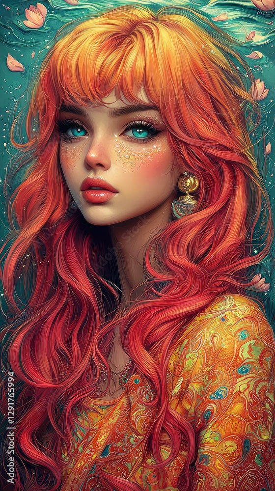 Naklejka premium Enchanting Digital Portrait of a Young Woman with Fiery Red Hair and Blue Eyes