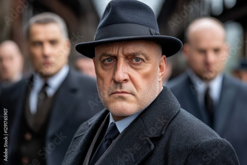 A man in an overcoat and hat walks away from the camera, surrounded by men wearing suits. The scene has a foggy, cinematic, movie poster-style appearance