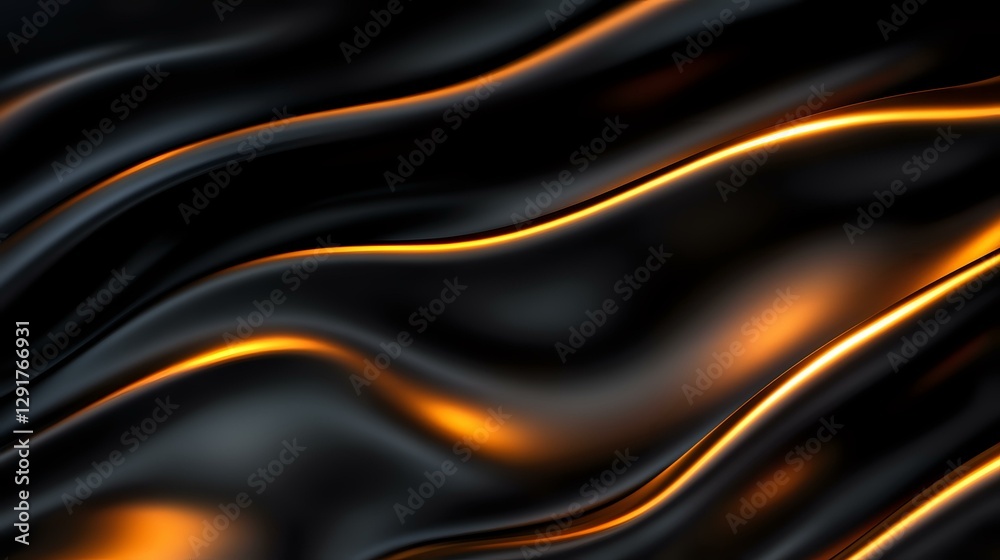 Glowing orange and golden light waves flow across dark black silky smooth background creating dynamic abstract pattern with luminous energy effect. Glowing orange and golden light waves flow across dark black silky smooth background creating dynamic abstract pattern with luminous energy effect.