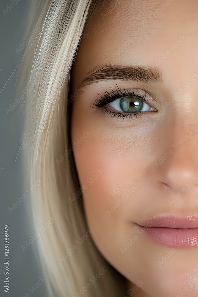 Obraz premium Close-up portrait showing half face of young blonde woman with green eyes, natural makeup, long eyelashes and soft pink lips against blurred background.