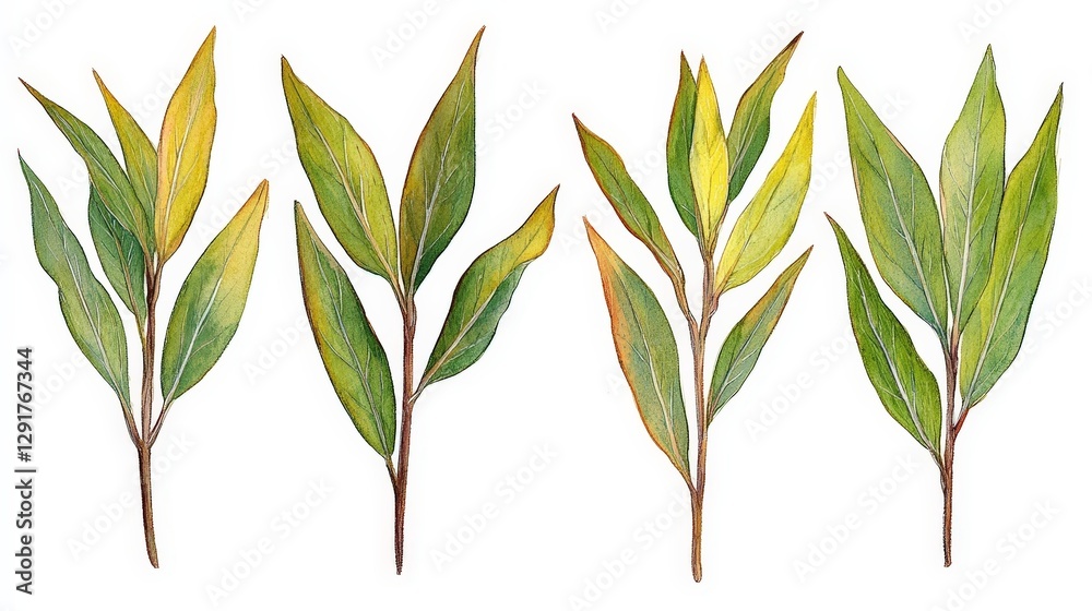 Illustration of various green leaves showcasing different shapes and colors. Illustration of various green leaves showcasing different shapes and colors.