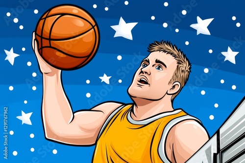 a 2D cartoon illustration of a basketball player making a layup, quick and precise, white background