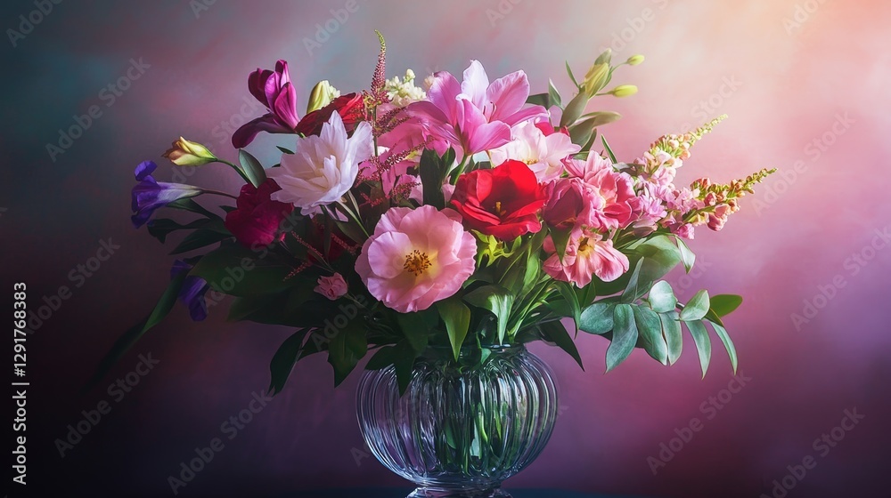 Vibrant Bouquet of Spring Flowers in a Crystal Vase on a Soft Background