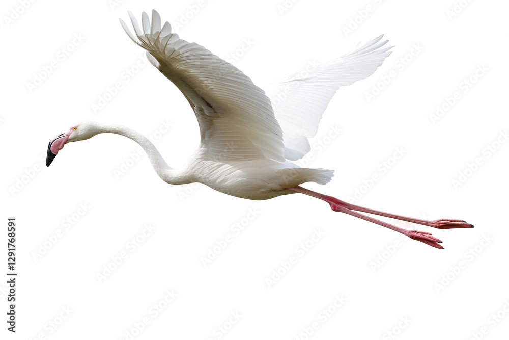 Fototapeta premium Pink flamingo in graceful flight over water, cut out