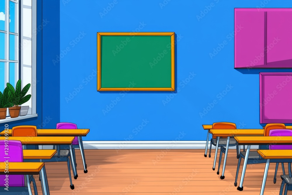 Fototapeta premium a 2D cartoon illustration of a classroom with desks, chairs, and a chalkboard, organized and welcoming, white background