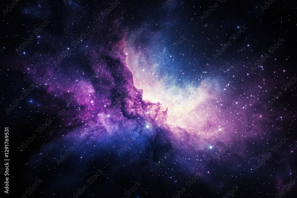 Fototapeta premium Vast cosmic nebulae swirling in deep space, glowing in vibrant purples and blues, forming an abstract celestial energy vortex