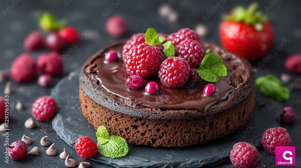Chocolate raspberry cake dessert, studio shot, dark background, food blog Chocolate raspberry cake dessert, studio shot, dark background, food blog