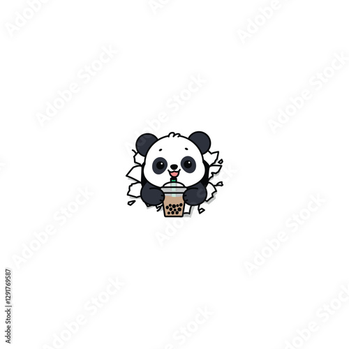 Cute cheerful panda with bubble tea break through the paper cartoon, vector illustration