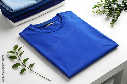 A vibrant blue t-shirt, ready to be worn.