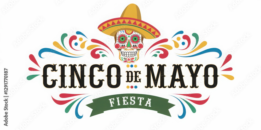 Cinco de mayo vector greeting card with scull, traditional mexican hat and flourish elements. 5 may mexican holiday colorful greeting card. Vector illustration