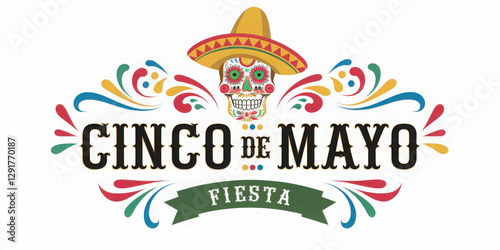 Obraz na płótnie Cinco de mayo vector greeting card with scull, traditional mexican hat and flourish elements. 5 may mexican holiday colorful greeting card. Vector illustration w salonie