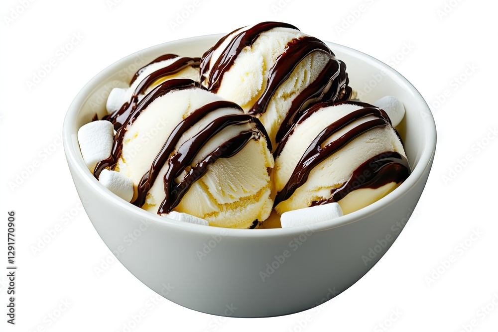 Delicious scoops of vanilla ice cream with chocolate syrup and marshmallows. Delicious scoops of vanilla ice cream with chocolate syrup and marshmallows.