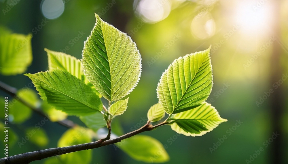 A detailed shot of fresh green spring leaves slowly unfolding on a young tree branch. The light filters through the leaves, casting a soft glow and highlighting the fine veins, capturing the beauty A detailed shot of fresh green spring leaves slowly unfolding on a young tree branch. The light filters through the leaves, casting a soft glow and highlighting the fine veins, capturing the beauty