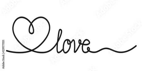 Inscription “love” with heart drawn in one line on white background. Declaration of love in artline style. Hand drawn heart with text “love” in minimalist style.         