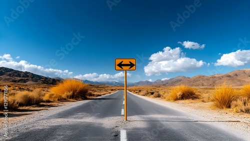A road splits in two directions, with a yellow sign indicating left and right choices, surrounded by a desert landscape. Concept Desert Roadsplit, Directional Signage, Adventure Choices