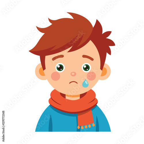 a flat illustration of a boy has the flu, crying eyes, a brown scarf