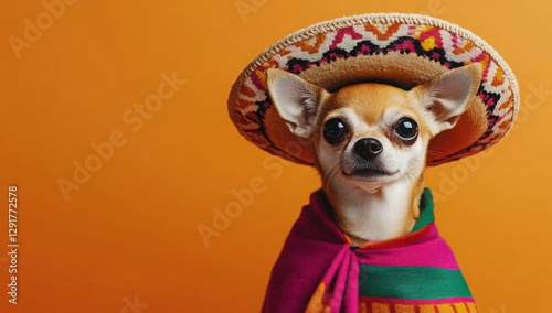 A small dog dressed in a vibrant Cinco de Mayo outfit with sombrero and serape, perfect for pet celebrations or Mexican-themed advertising.
