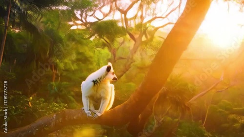Diademed animation high resolution cinematic Creative 4k video Sifaka is sitting in a forest on the ground. Madagascar Toamasina Province, Madagascar photo