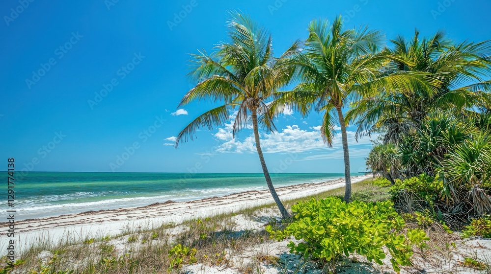 A tropical beach with palm trees swaying under a bright blue sky A tropical beach with palm trees swaying under a bright blue sky