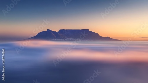 Majestic Table Mountain Surrounded by Soft Clouds at Sunrise in Cape Town, South Africa, Creating a Serene and Picturesque Landscape