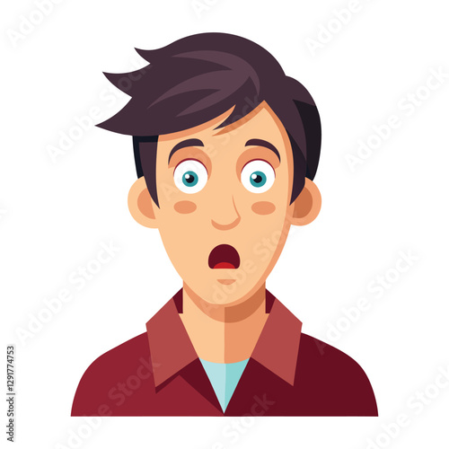 a flat illustration of a shocked face, open eyes, a maroon shirt