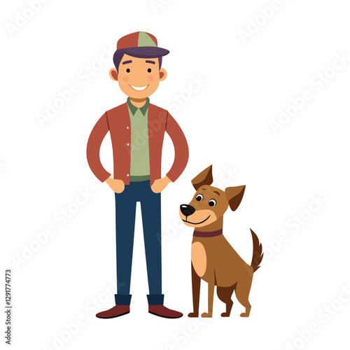 a flat illustration of men standing with their dog wearing a brown jacket and cap