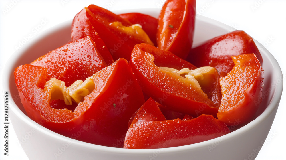 Red Chili Pepper Slices in White Bowl Isolated on White Background
Red Chili Pepper Slices in White Bowl Isolated on White Background
