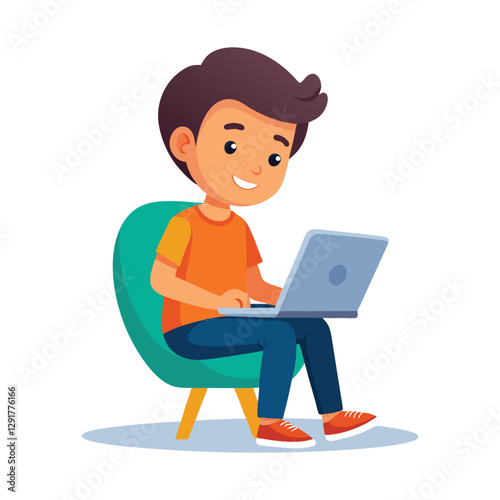a flat illustration of a boy sitting and using a laptop, smiling face, an orange shirt, playing a game