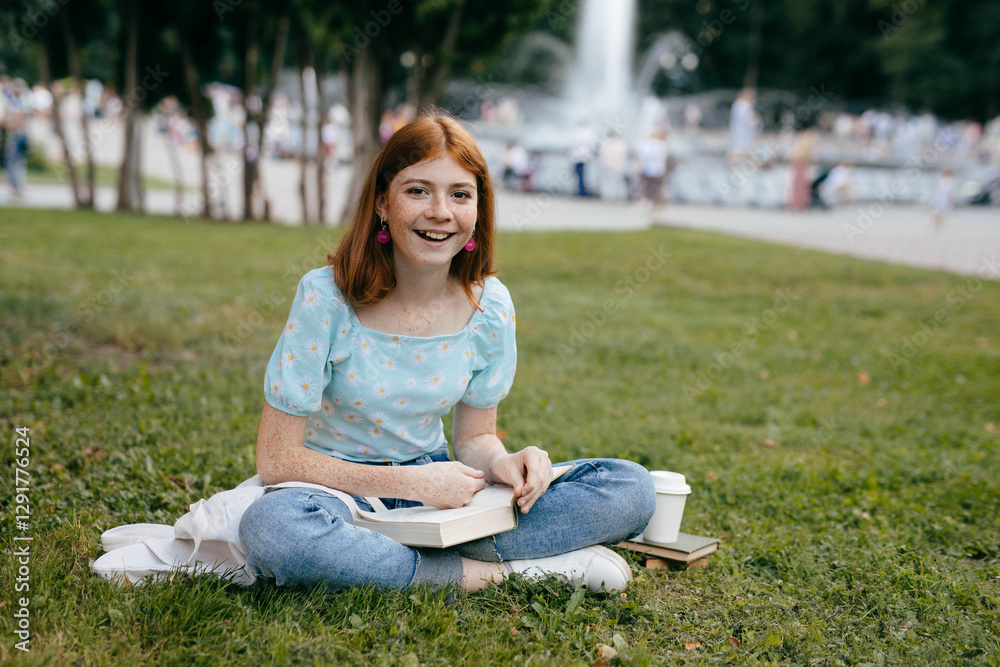 Young happy teenage girl with freckles reading a book sitting on the grass in a public park Young happy teenage girl with freckles reading a book sitting on the grass in a public park
