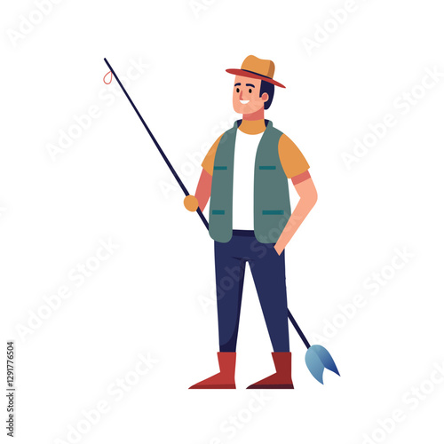 a flat illustration of a man standing together with a grey jacket, a fishing rod in his hand