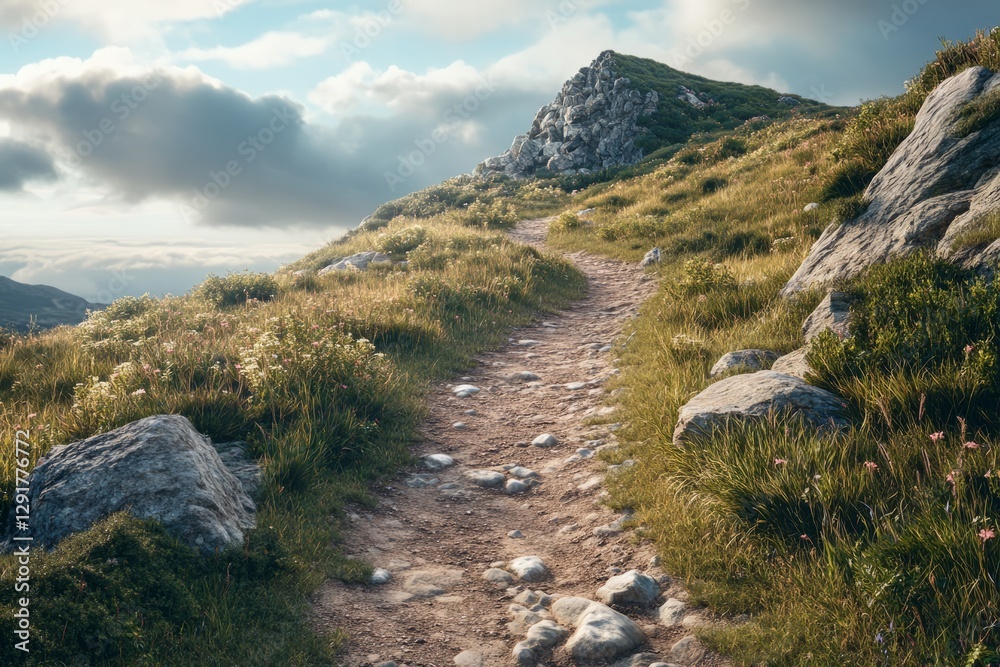 Winding dirt path leads through lush green hills under a blue sky filled with fluffy clouds during early morning hours