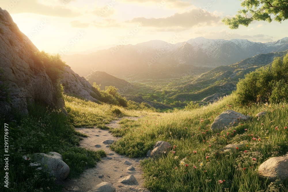 Breathtaking sunset illuminating a serene mountain valley with lush greenery and a winding path leading through wildflowers