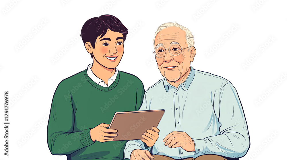 Happy European Young Man in Green Sweater Showing a Tablet to His Elderly Father Happy European Young Man in Green Sweater Showing a Tablet to His Elderly Father